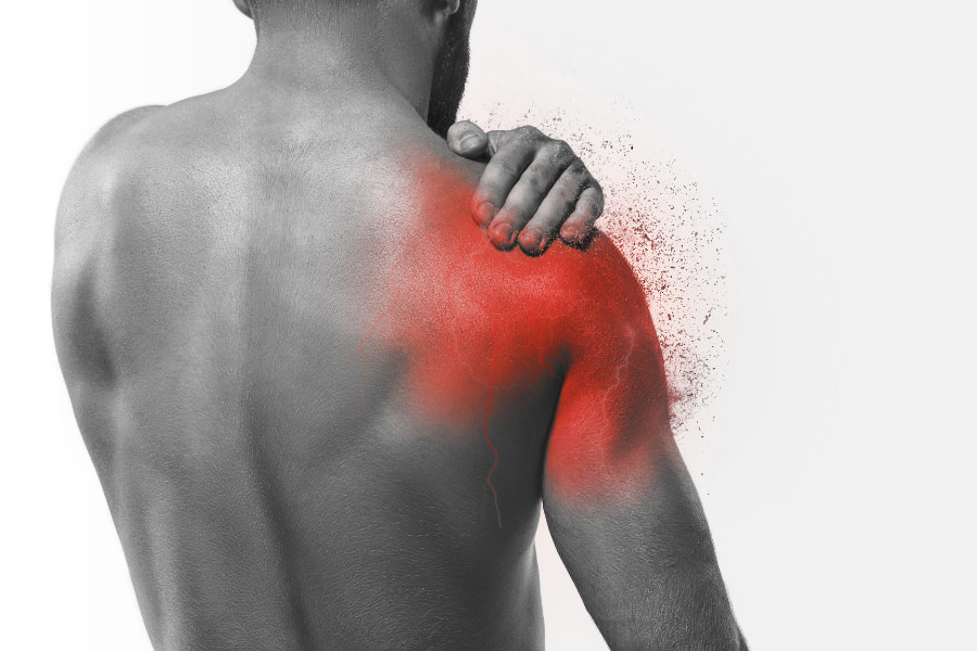 black and white image depicting shoulder pain